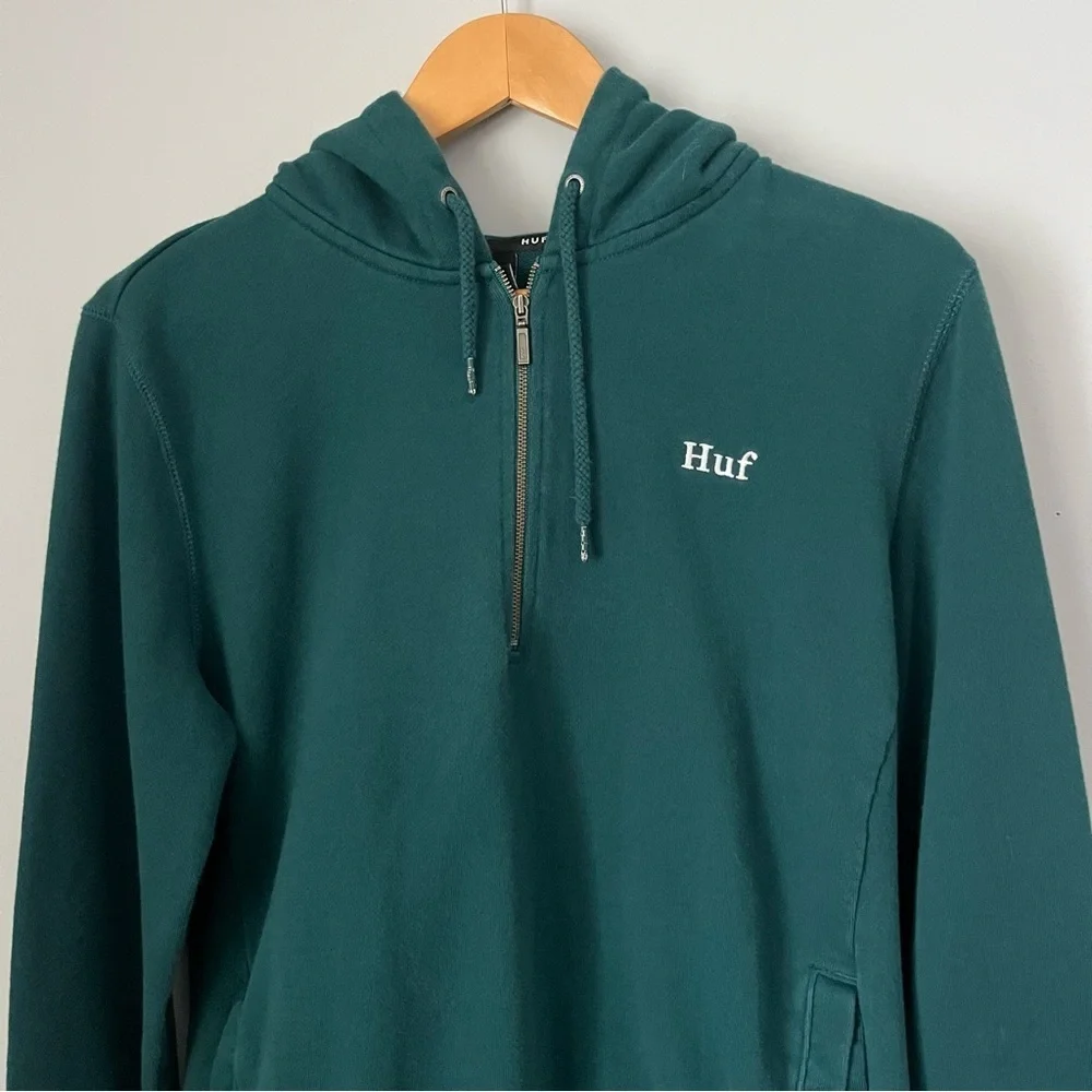 HUF Worldwide Relay French Terry Jade Green Quarter Zip Pullover Hoodie Size S - Picture 3 of 16
